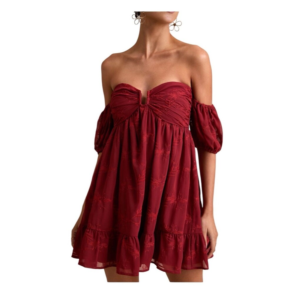Lulus Rust Red Floral Embroidered Off Shoulder Mini Dress XL NWT - Picture 2 of 4